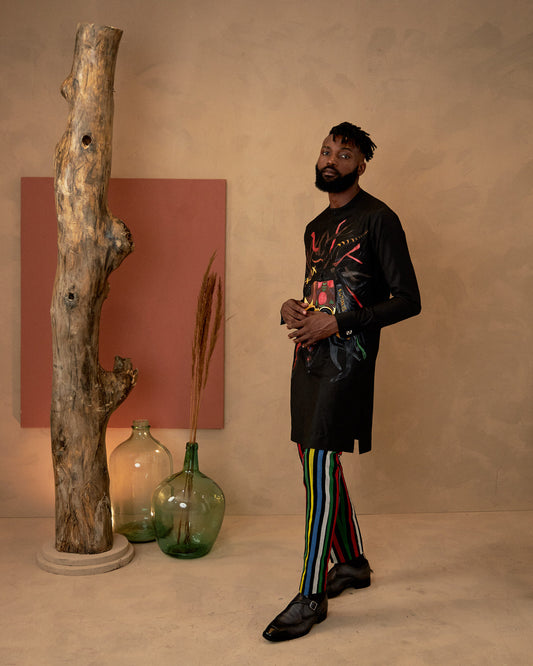 Conjunto de caftán y pantalón aso oke pintados a mano