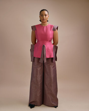 Pantalón de 2 piezas con flecos de damasco y Aso Oke