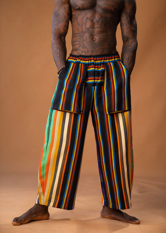Pantalones de pierna ancha en mezcla Aso Oke Ft con bolsillos delanteros, laterales y traseros