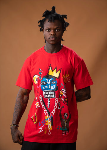 Camiseta roja de corte relajado con arte inspirado en Basquit pintado a mano
