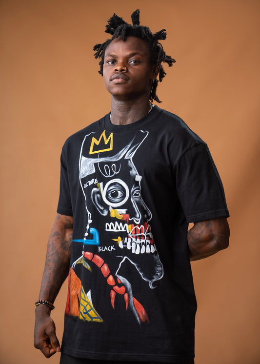 Camiseta negra de corte relajado con arte inspirado en Basquit pintado a mano