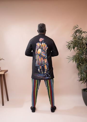 Caftán negro pintado a mano y pantalón aso oke