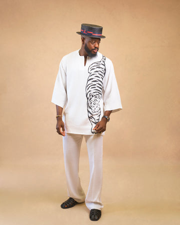 Camisa de lino pintada a mano y pantalón holgado de lino