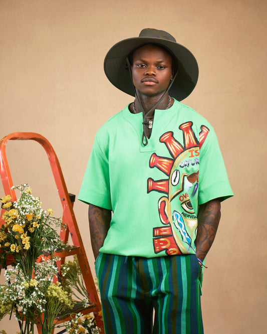Camisa de lino pintada a un lado x pantalón corto Aso-Oke