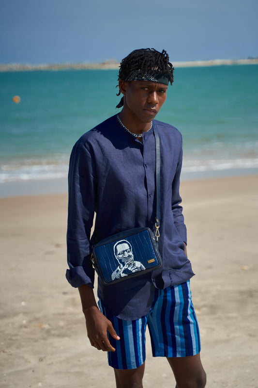Conjunto de lino azul marino y pantalón corto Aso Oke
