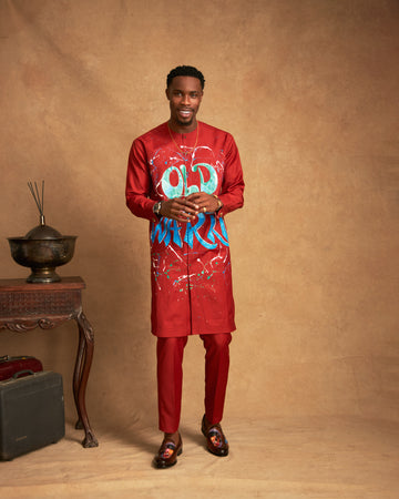 Conjunto de caftán y pantalón pintado a mano de estilo antiguo de Warri