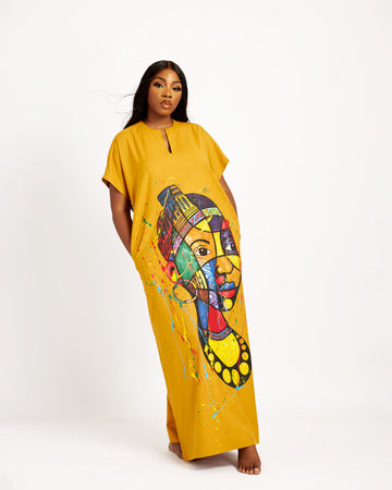 Abaya amarilla pintada a mano