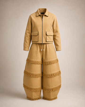 Chaqueta Beige y Pantalón Barrel con Flecos
