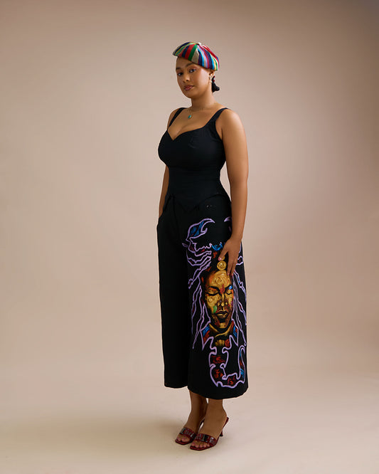 Black Sleeveless Tank Top x Hand-painted Aso Oke Jort Pant