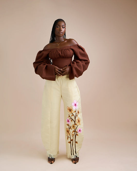Off-shoulder Flair Crop Top x Hand-painted Bubble Pant