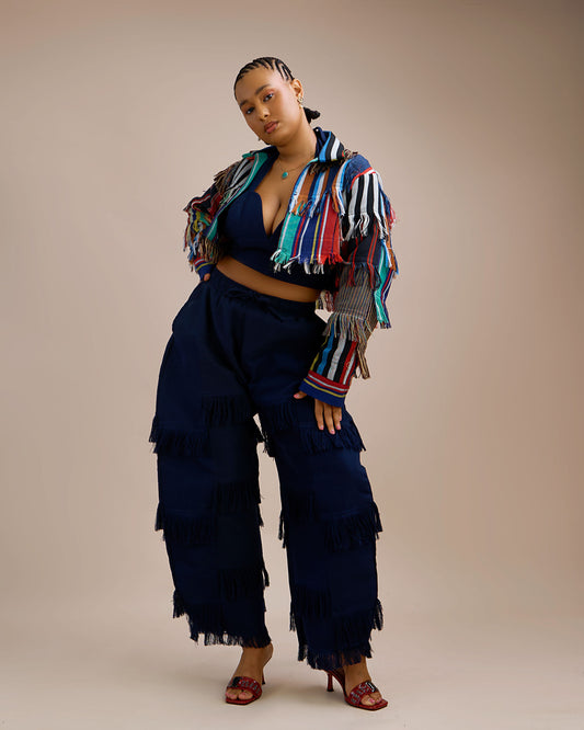 Aso Oke Crop Jacket x Wide Leg Curved Aso Oke Pant