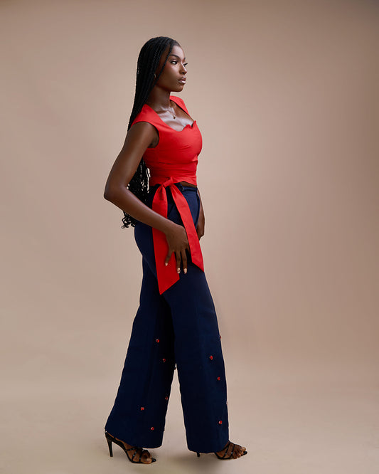 Queen Ann Crop Top x Wide Leg Aso Oke Pant with Bead detailing