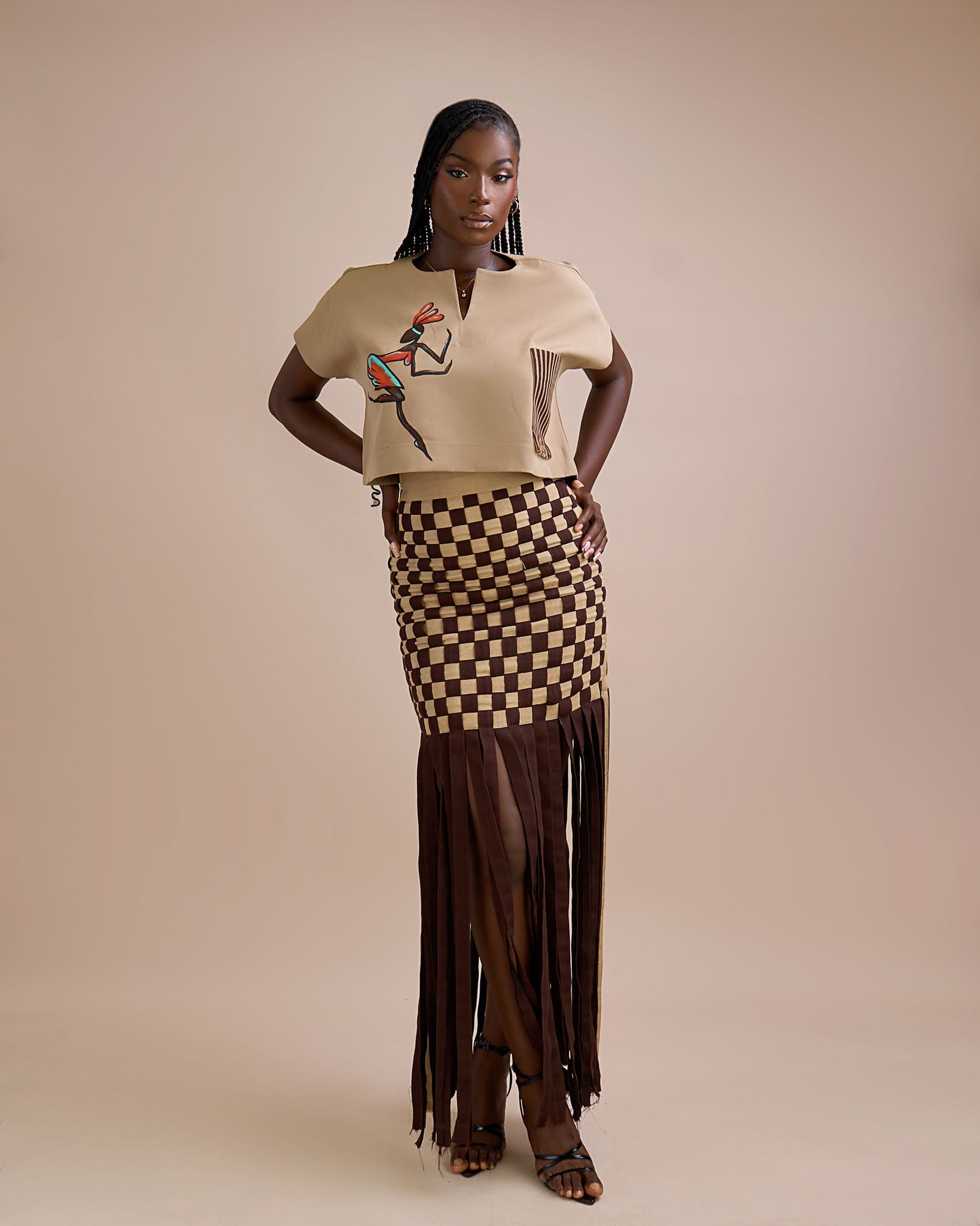 Hand-painted Crop Top x Checkered Baskirt