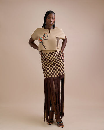 Hand-painted Crop Top x Checkered Baskirt