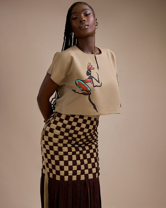 Hand-painted Crop Top x Checkered Baskirt