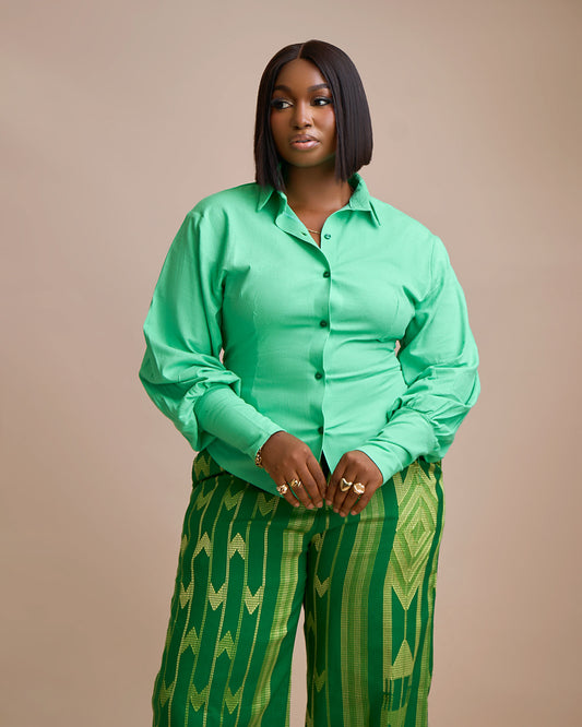 Hemd Green Shirt x Wide Leg Aso Oke Pant
