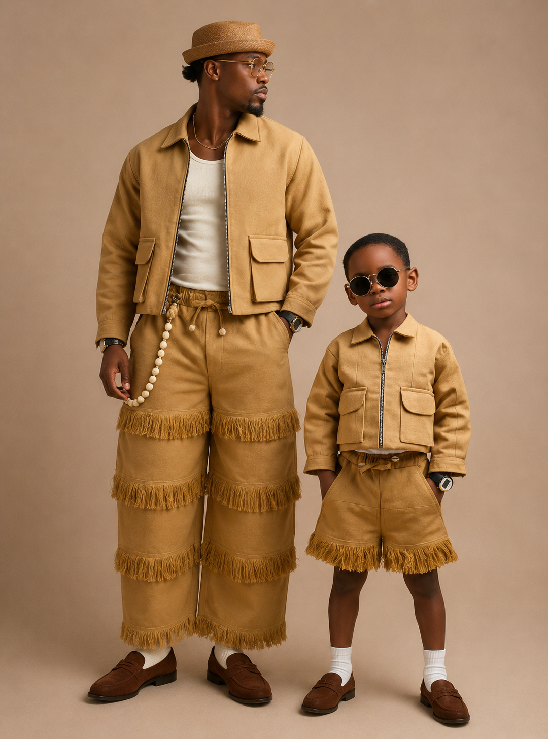 Man and child wearing matching beige outfits against a beige background