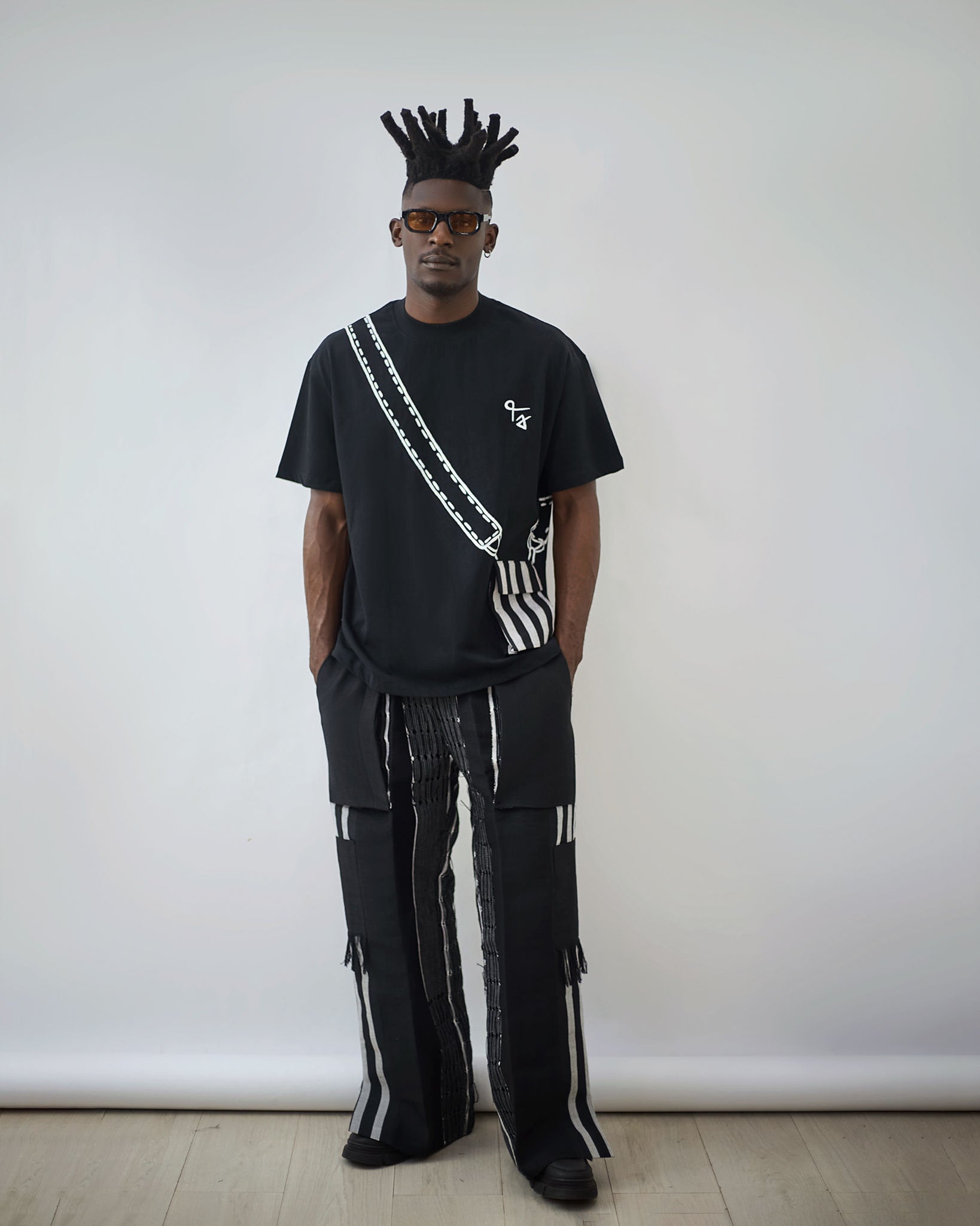 Hand-Painted False Bag T-Shirt x Wide Leg Aso Oke Pants