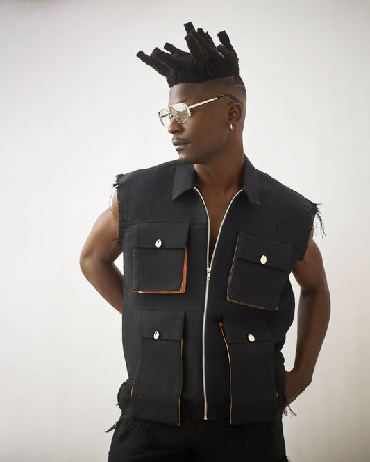 Black Sleeveless Jacket x Fringe Aso Oke Pants