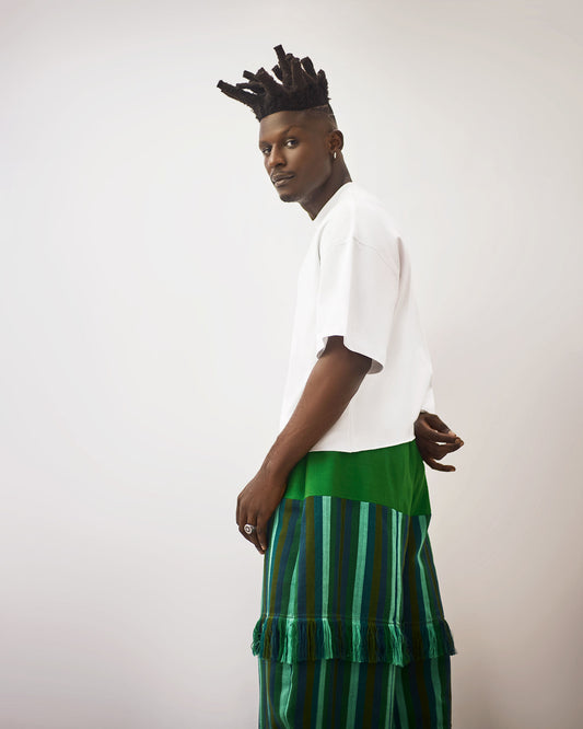 White T-shirt x Wide Leg Aso Oke Pant