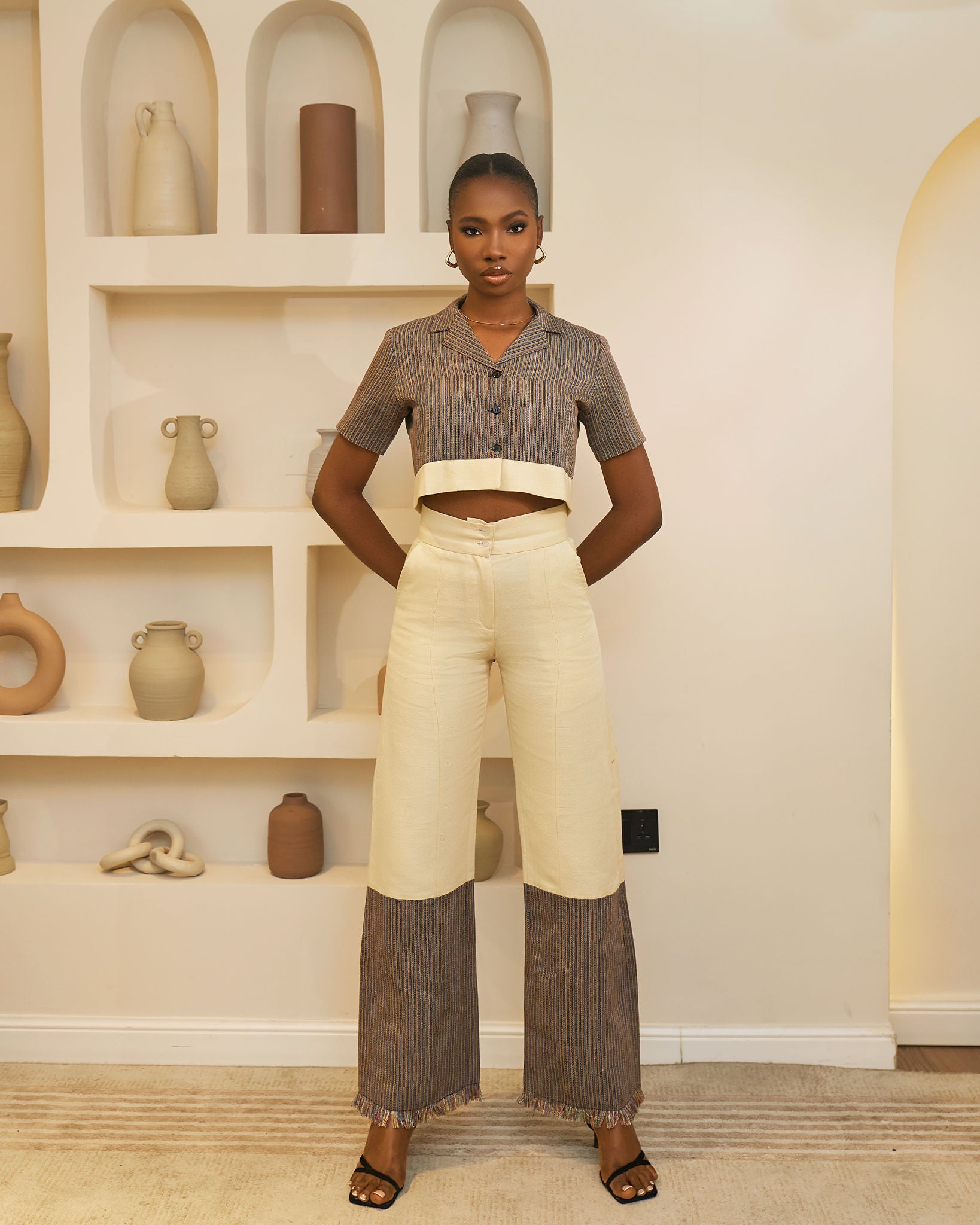 Aso Oke Camp Collar Top x High Waist Pant