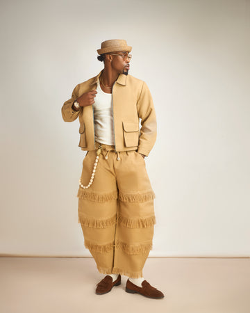 Beige Jacket and Fringe Barrel Pant