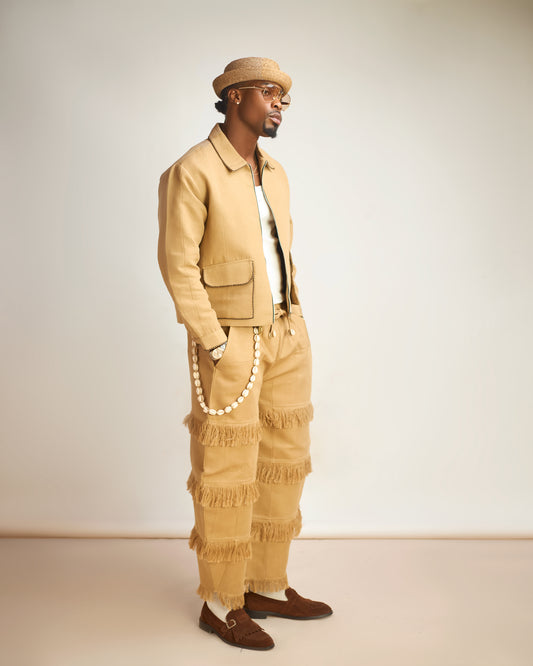 Beige Jacket and Fringe Barrel Pant